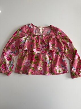 Matilda Jane Pink Floral Top with Ruffle Accents Sz 8 VGUC
